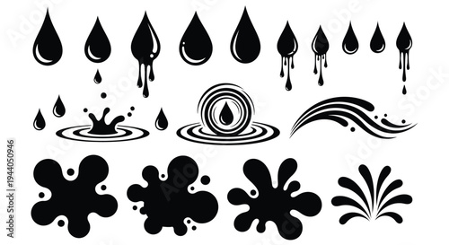Black and white stylized icons depicting various forms of water and floral elements Vector