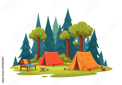 Cozy campsite with tents and bench nestled among tall evergreen trees