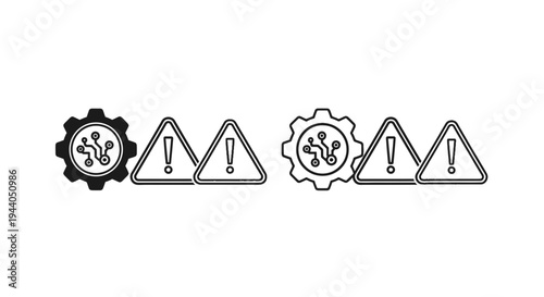 Technology Warning Icons: Gear with Circuit, Exclamation Triangles, Black and White