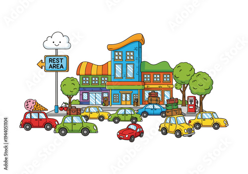 Cartoon rest stop with cars, shops, and a smiling cloud overhead