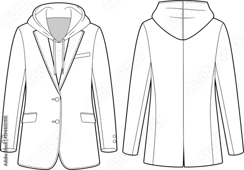 Flat sketch of blazer with hoodie, front and back view, fashion technical drawing, vector illustration, urban casual smart outfit design