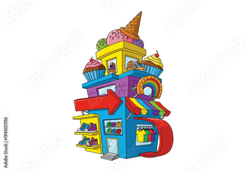 Whimsical cartoon building with shops selling sweets, shoes, and apparel