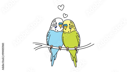 Lovebirds Perched on a Branch: Two vibrant budgerigars share an intimate moment, perched on a delicate branch amidst a display of hearts, embodying the spirit of affection and companionship.