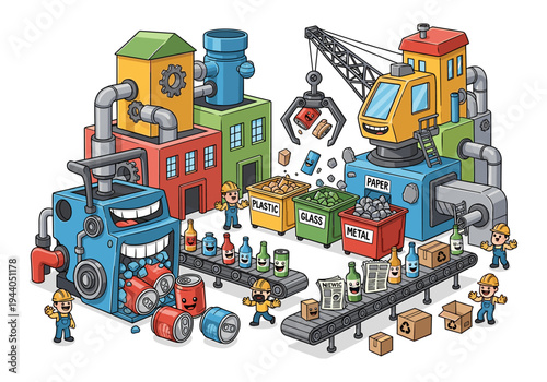 Cartoon recycling factory with happy characters processing cans, bottles, and paper