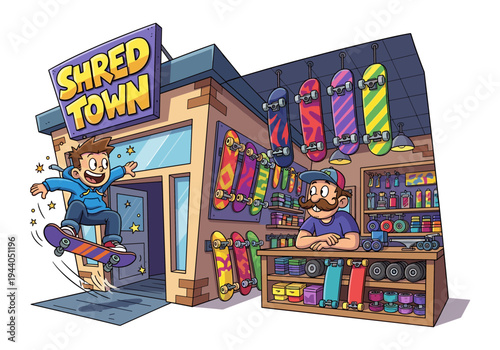 Happy boy skateboarding out of a colorful skate shop called Shred Town