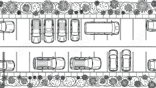 Aerial view of parking lot with cars, neat rows, asphalt surface, surrounding greenery, urban planning, modern cityscape, clean design