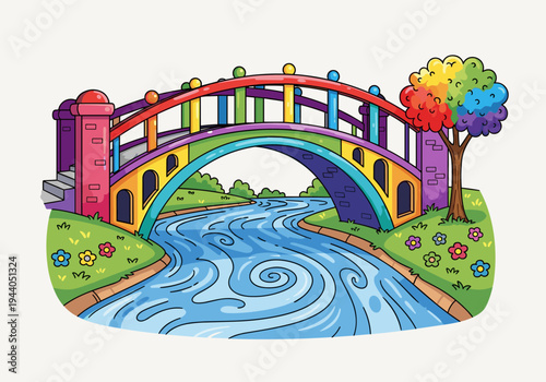 Vibrant rainbow bridge arches over a flowing river with a colorful tree on the bank