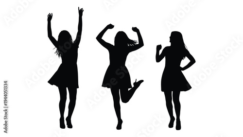 Three silhouette women in different poses on white background with dynamic and playful atmosphere