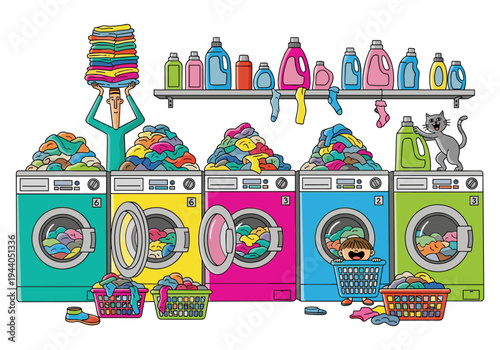 Cartoon illustration of a busy laundry room with colorful machines and overflowing clothes baskets