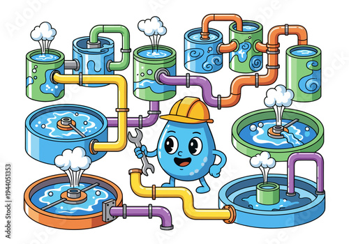 Cute water drop character working in a water treatment plant with pipes and tanks