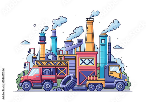 Stylized industrial factory with smoking chimneys and trucks, representing manufacturing and production