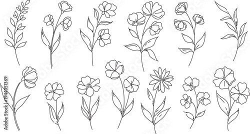 Set of 14 elegant hand-drawn outline flower and leaf vector illustrations, perfect for wedding invitations, branding, and botanical designs