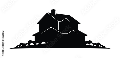 Vector of a house with a chimney surrounded by a rocky terrain