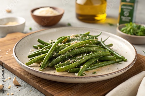Freshly cooked green beans garnished with herbs and sesame seeds on a rustic plate, with olive oil in the background