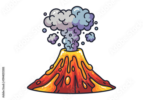 Cartoon volcano erupting with lava and smoke, isolated on white background