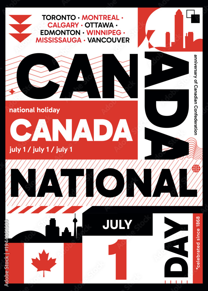 Fototapeta premium Canada Day poster. Vector illustration with flag colors, utilitarian and bold style for web card, cover, print, social media post. Patriotic, national holiday infographic composition concept