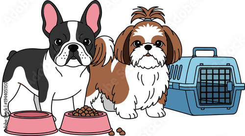 Cartoon French Bulldog and Shih Tzu dogs with pet bowls kibble and blue carrier, cute domestic pet care design, playful flat vector illustration
