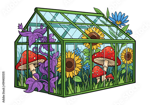 Whimsical greenhouse filled with sunflowers, mushrooms, and purple vines