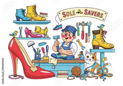 Cartoon cobbler working on shoes with tools and a cat in a workshop setting