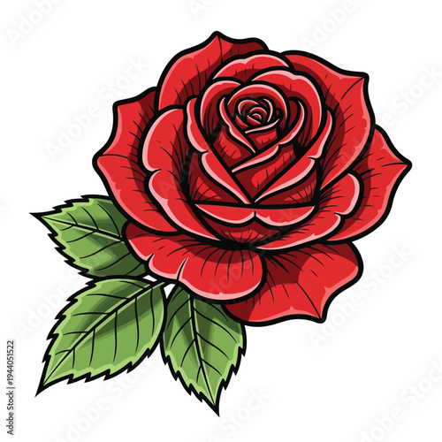 A beautifully illustrated red rose with detailed green leaves and petals Vector