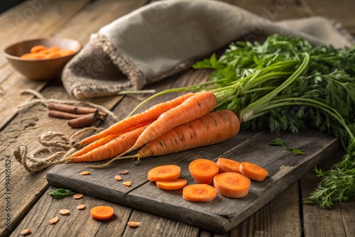 Freshly harvested carrots with sliced pieces on a rustic wooden table, surrounded by herbs and spices