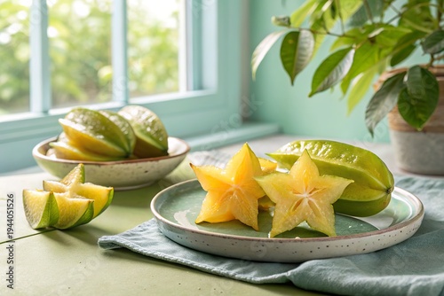 Freshly cut starfruit displayed on plates with a green background and sunlight filtering through a window
