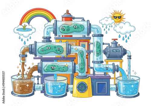 Cartoon water purification system with happy microbes and a rainbow