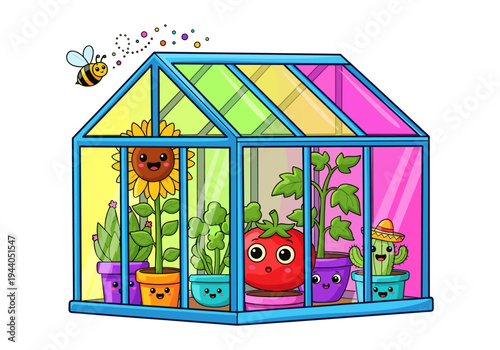 Cute cartoon greenhouse filled with happy plants and a bee flying around