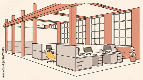 A modern office interior with cubicles and exposed beams in a minimalist design style