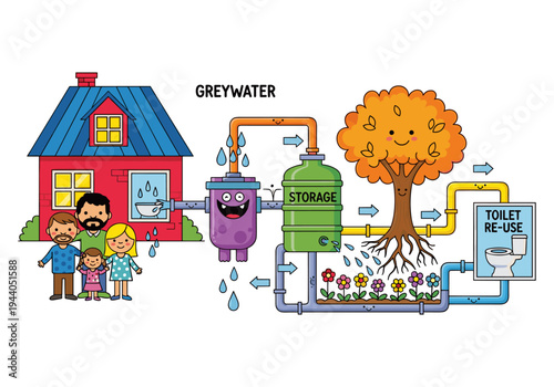 Cartoon illustration of a greywater system recycling water for toilet reuse and garden irrigation