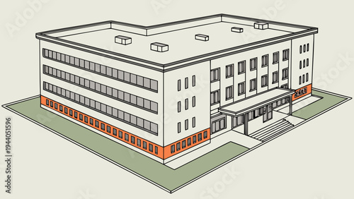 A modern office building with a flat roof and orange accents, depicted in a 3D vector illustration