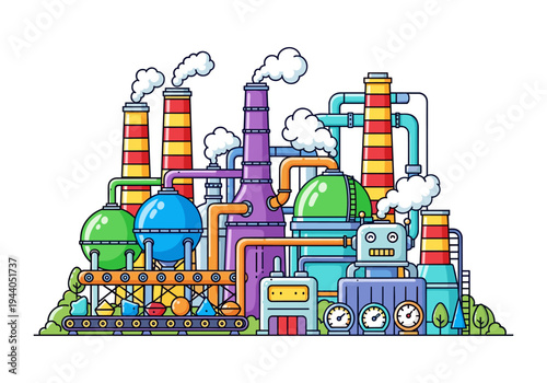 Colorful cartoon factory with smokestacks, pipes, and a robot on a conveyor belt