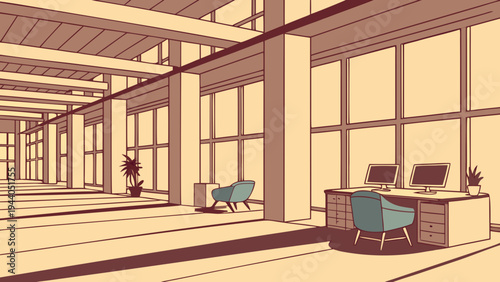 A minimalist illustration of a modern office space with a large open floor plan and plenty of natural light
