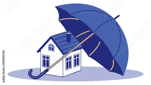 A vector graphic illustration of a house protected by a large umbrella