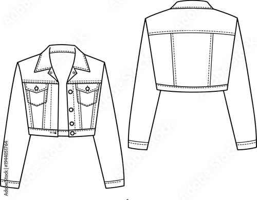 Flat sketch of cropped denim jacket with long sleeves, button closure, collar and chest pockets, front and back technical drawing