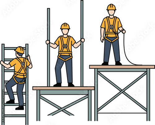Construction workers using safety harness on scaffolding, workplace fall protection, industrial safety training, working at height equipment, occupational safety illustration
