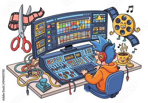 Creative video editor working on a complex editing console with film reels and coffee