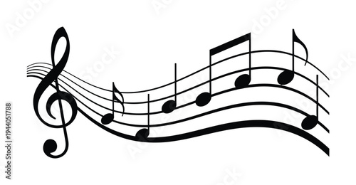 Vector featuring a treble clef and musical notes on a flowing staff