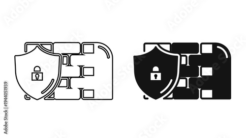 Network Firewall and Cyber Security Shield Icon  Data Protection and Secure Wall Symbols in Outline and Solid Style