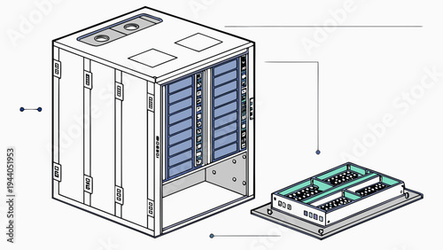 A detailed technical illustration of a server rack and its interchangeable circuit board module