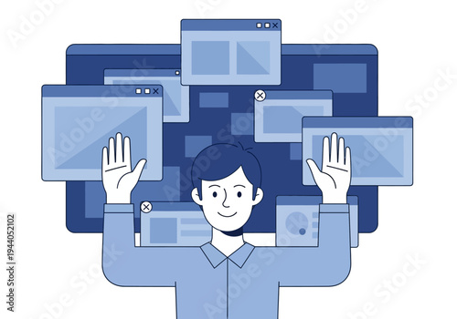 Man with multiple browser windows on a dark blue background, representing multitasking and digital interfaces