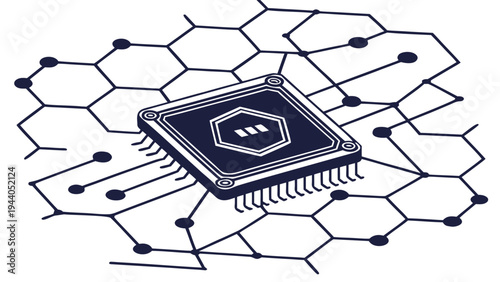 A vector graphic illustration of a microchip with a hexagonal design on a network background