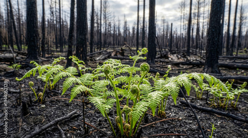 Fresh green ferns growing among charred black tree trunks after wildfire