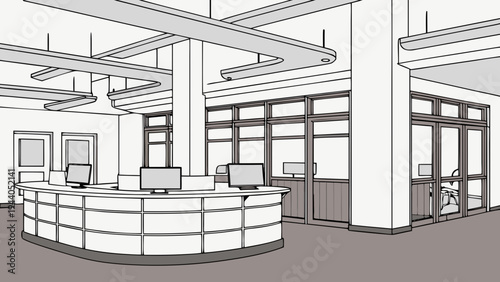 A modern office interior with a curved reception desk and minimalist design