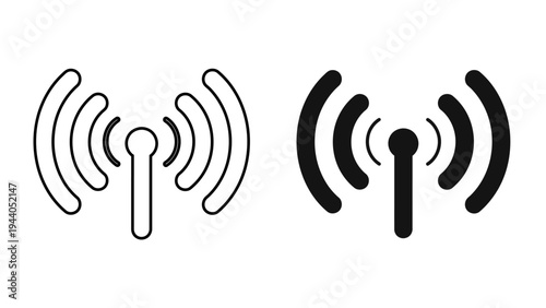 Radio Antenna Tower and Wireless Signal Icon Broadcast Wi-Fi Hotspot Symbol in Outline and Solid Style