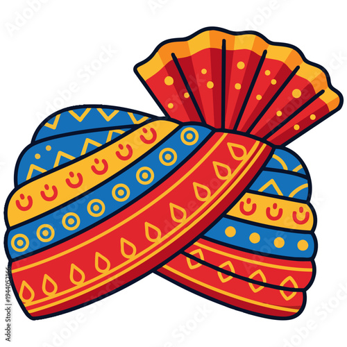 Vibrant traditional Indian turban with colorful patterns and fan