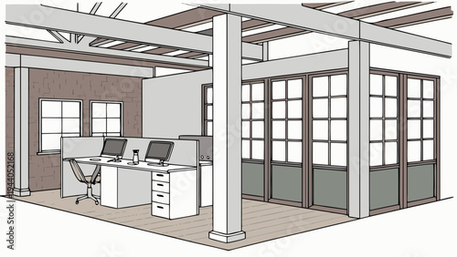 A modern office interior with a minimalist design and open layout