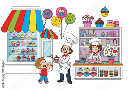 Happy child receives a cupcake from a baker outside a colorful confectionery shop