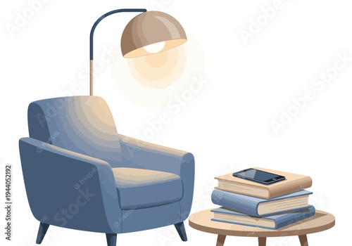 Cozy reading nook with a comfortable armchair, illuminated lamp, and stack of books on a side table