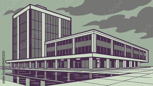 A modern office building with a sleek design and large windows in a vector graphic illustration